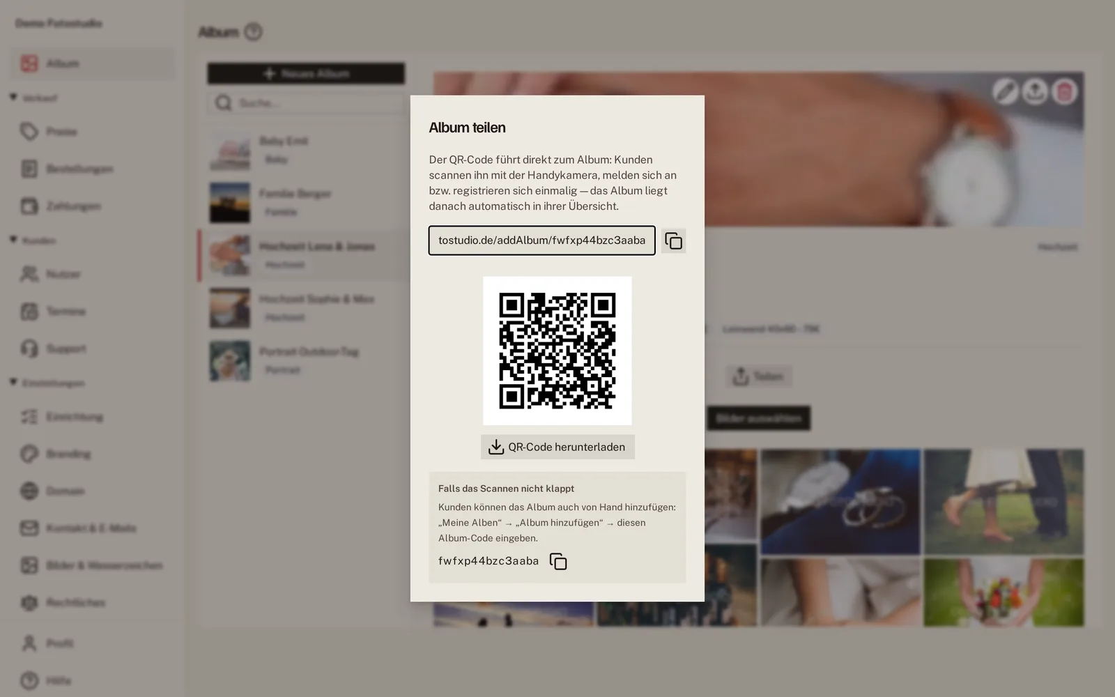 Dialog Album teilen mit Link, QR-Code zum Herunterladen und Album-Code