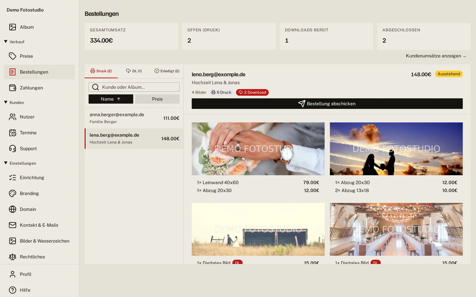 Bestellübersicht: Umsatz, offene Druckaufträge, bereite Downloads und eine Bestellung im Detail