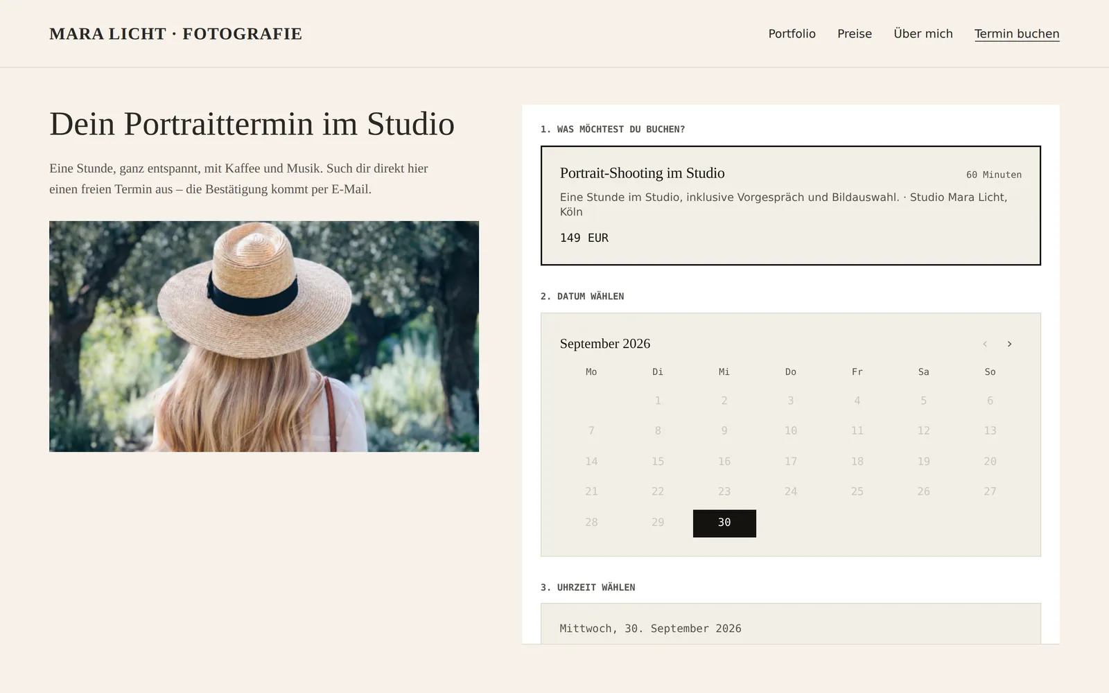 Buchungsformular auf der Website einer Fotografin: Terminart, Kalender, Uhrzeit